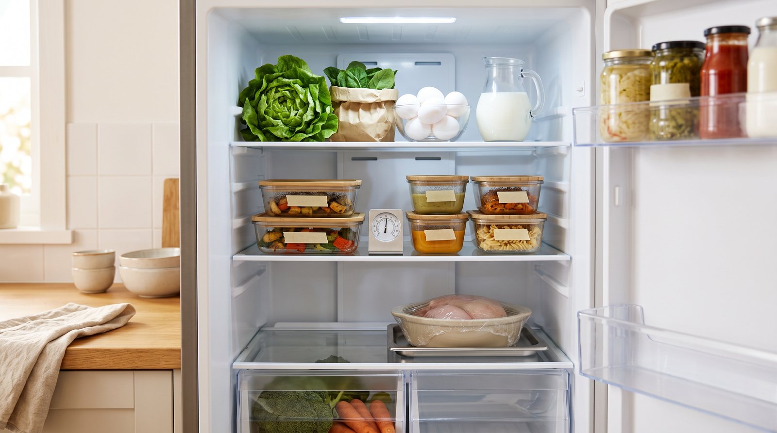 An open, tidy fridge with labelled glass containers, a thermometer on the middle shelf and raw chicken covered on the bottom shelf