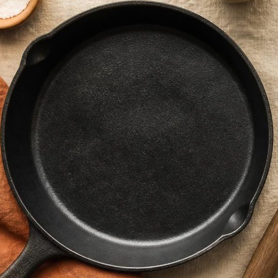 A black pan seen from above on linen