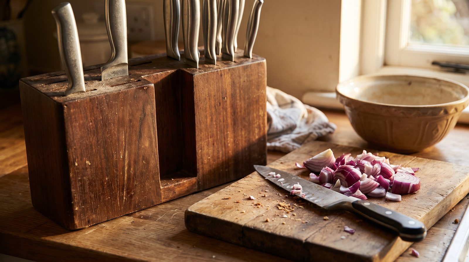 A wooden knife block with several untouched blades while the chef's knife is out on the board