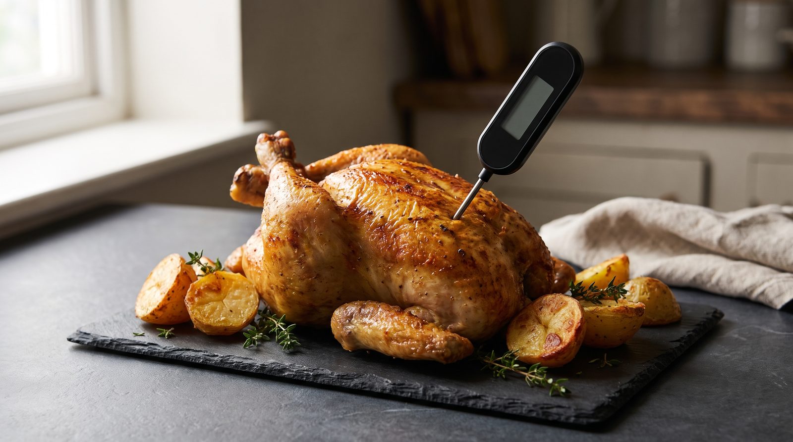 A golden roast chicken on a slate board with a probe thermometer in the thigh