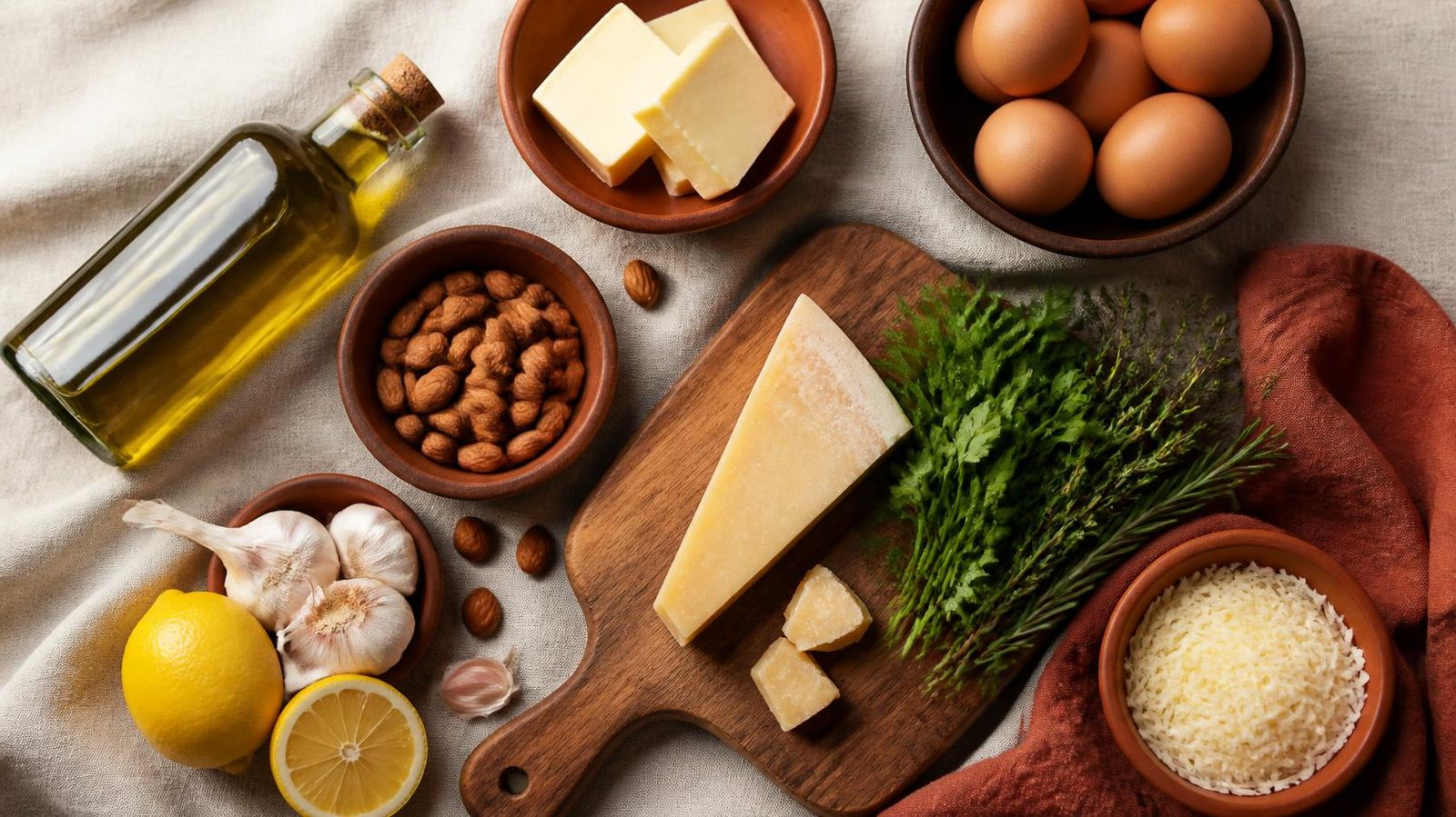 Olive oil, butter, eggs, almonds, parmesan, garlic, lemon and herbs on linen