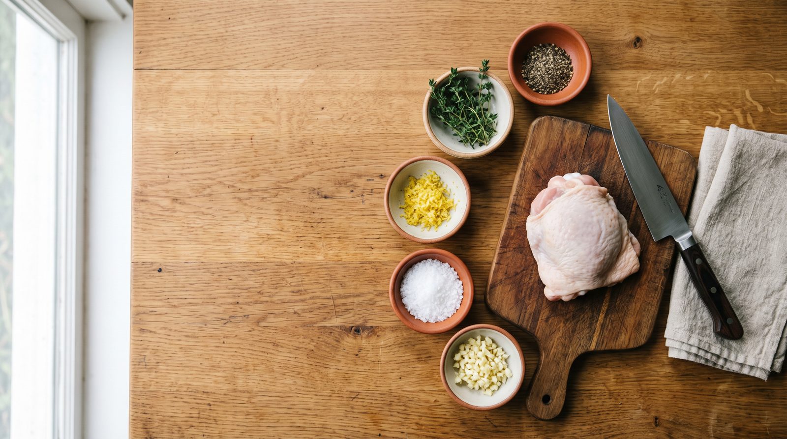 Small bowls of garlic, salt, lemon zest, thyme and pepper around a chicken thigh and chef knife