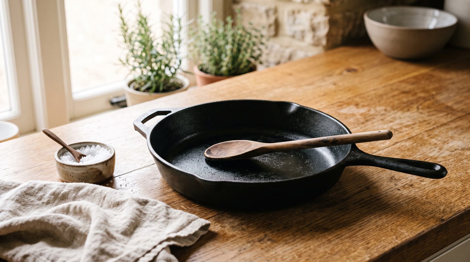 A black cast iron skillet with a wooden spoon and salt on an oak worktop