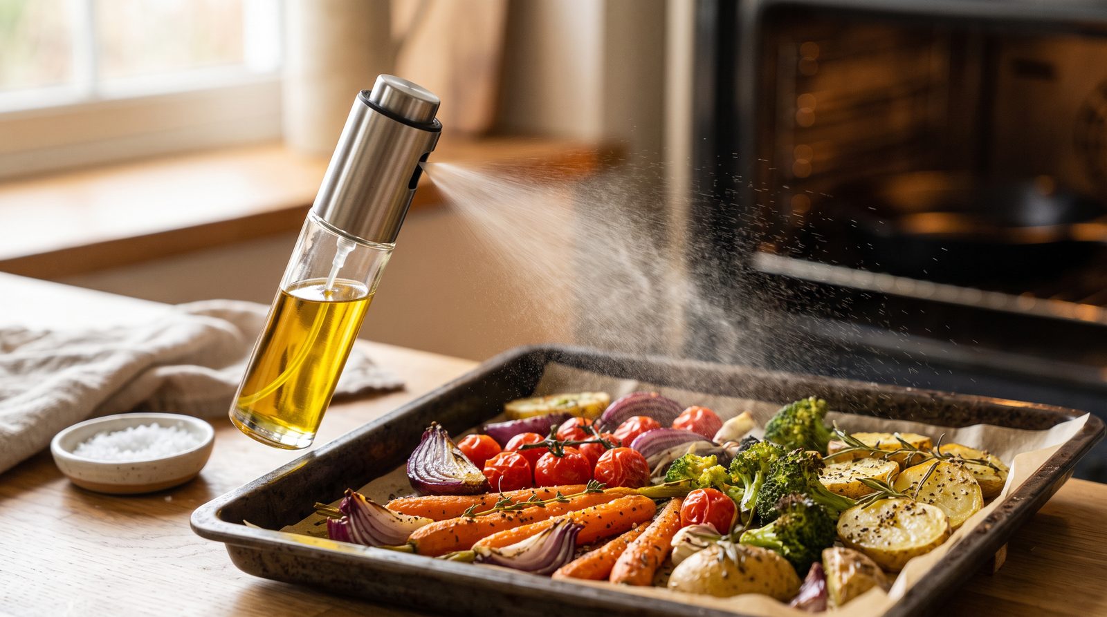 An oil spray bottle misting olive oil over vegetables on a roasting tray