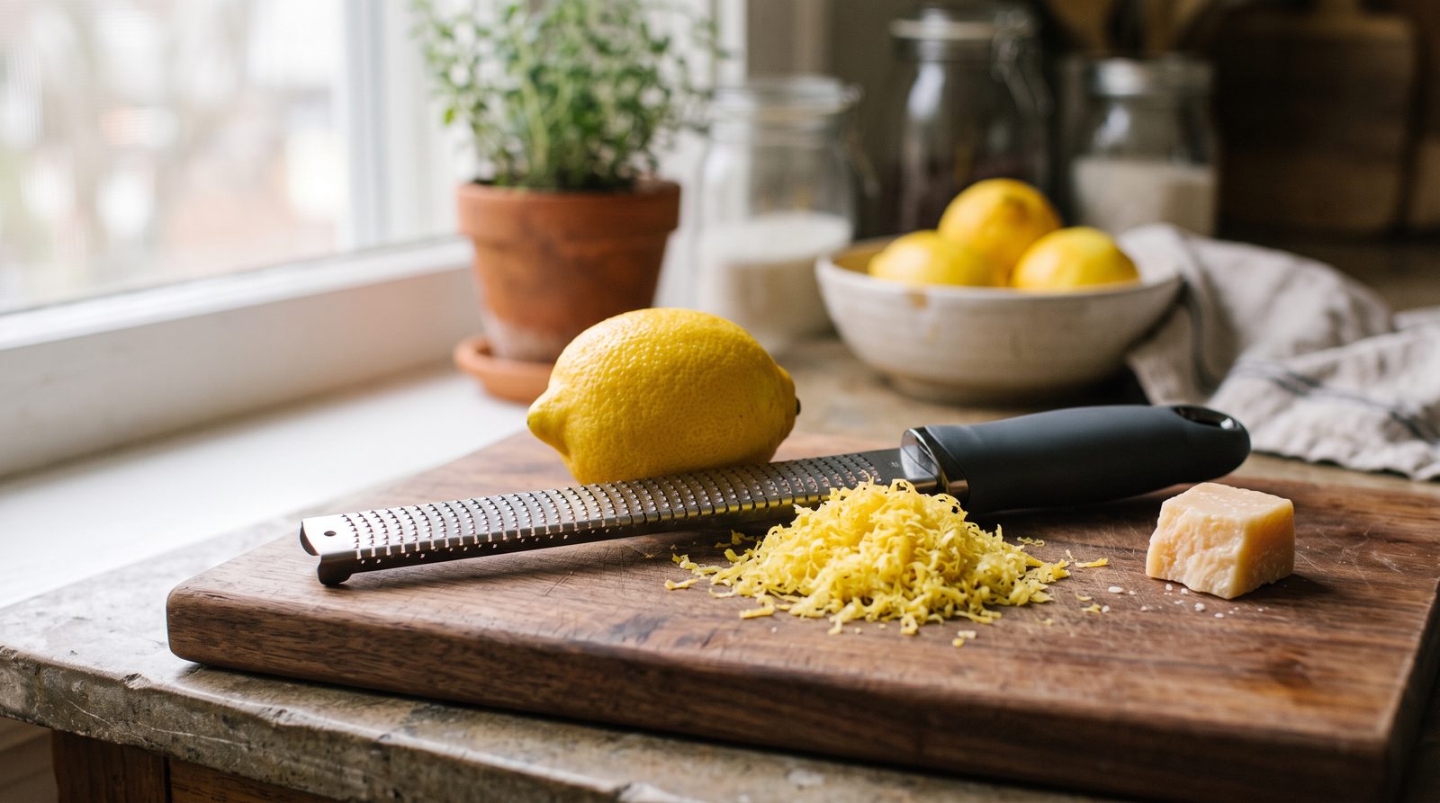 A fine zester with a lemon, lemon zest and parmesan on a wooden board