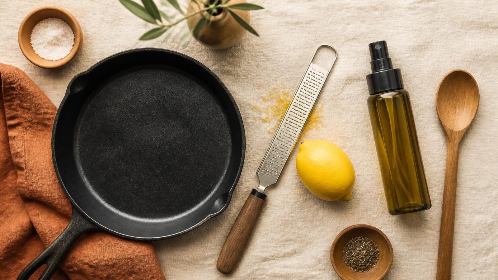 A cast iron pan, zester, lemon, oil spray bottle and wooden spoon on linen