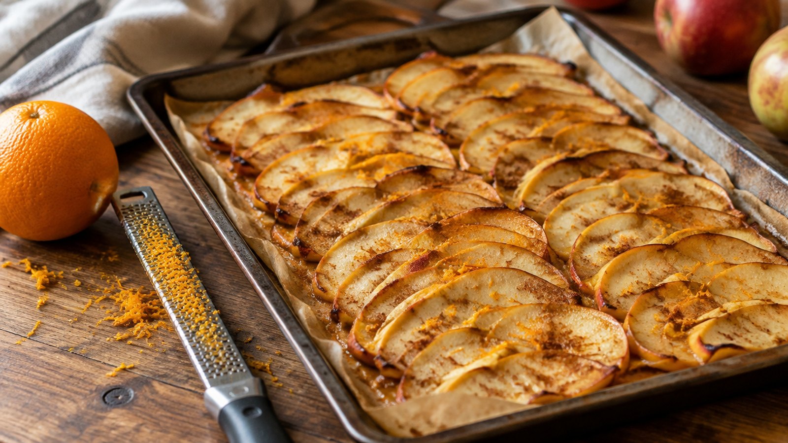 A baking tray of thin baked apple slices dusted with cinnamon and orange zest, with an orange and a fine zester