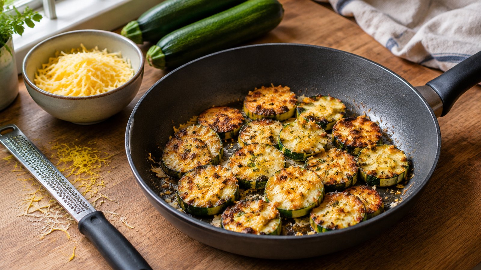 Golden cheese-crusted courgette slices in a non-stick frying pan with grated cheese in a bowl and a fine zester
