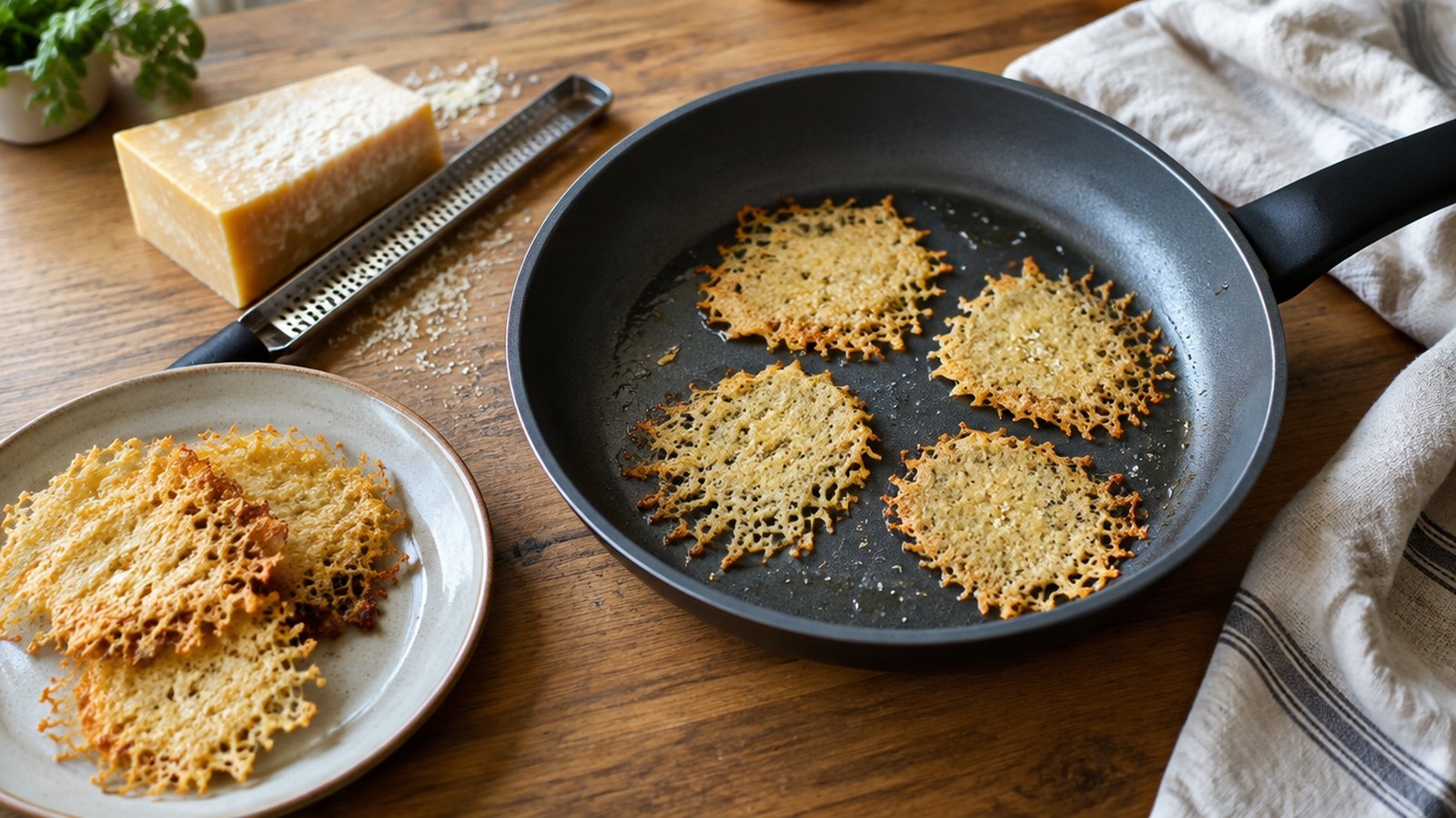 Golden lacy parmesan crisps in a dark non-stick frying pan, with a plate of finished crisps, a block of parmesan and a fine zester