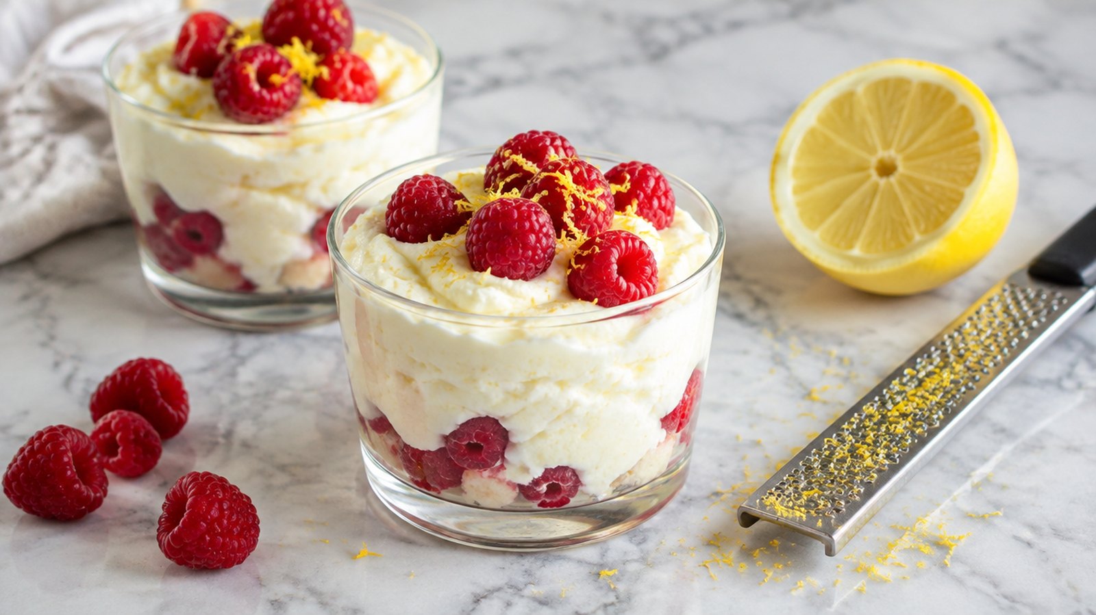 Two glass cups of lemon ricotta cream with raspberries and lemon zest, beside a halved lemon and a fine zester