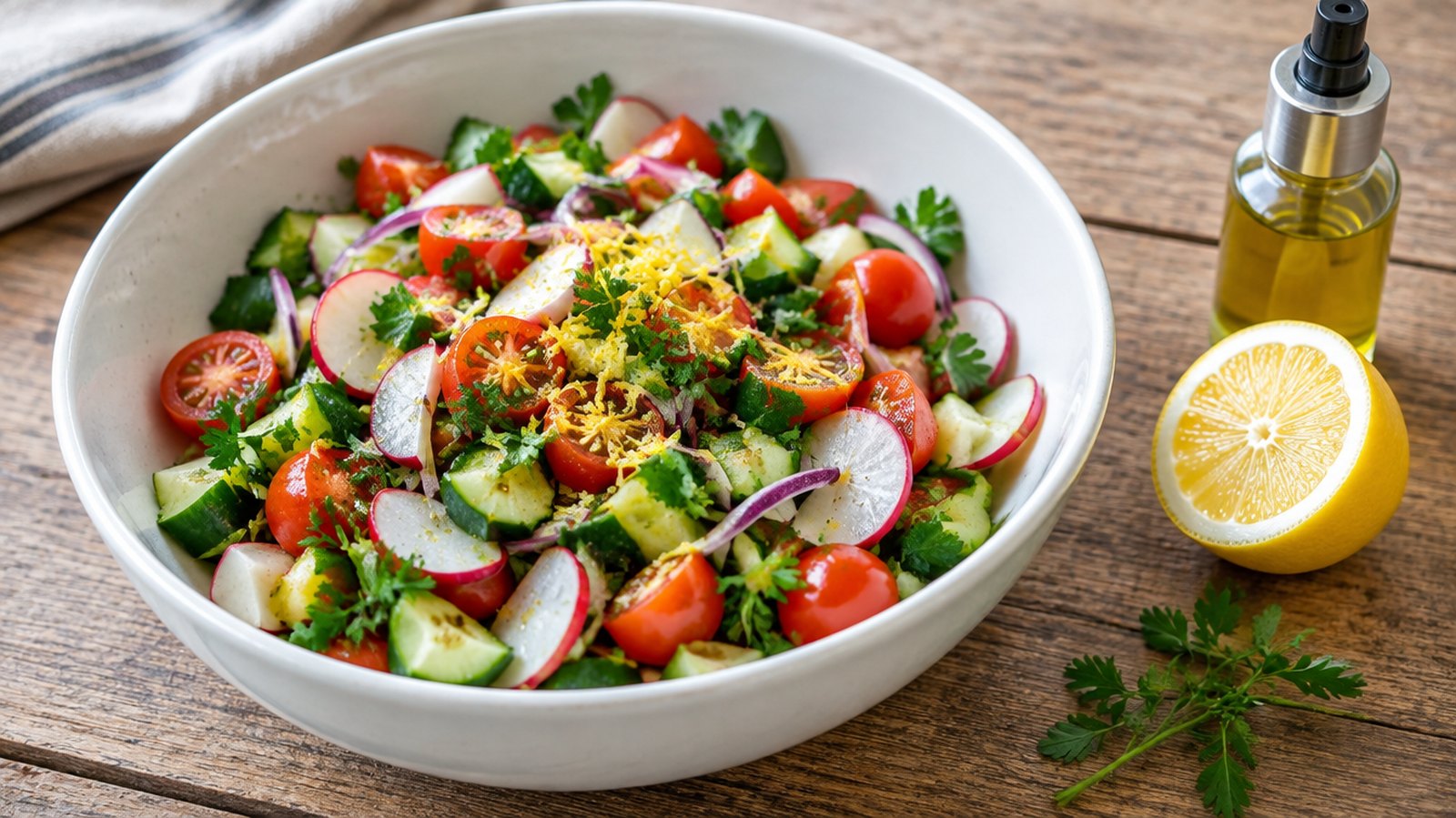 A chopped salad of cucumber, tomato, radish and red onion with lemon zest in a white bowl, beside half a lemon and an oil spray bottle
