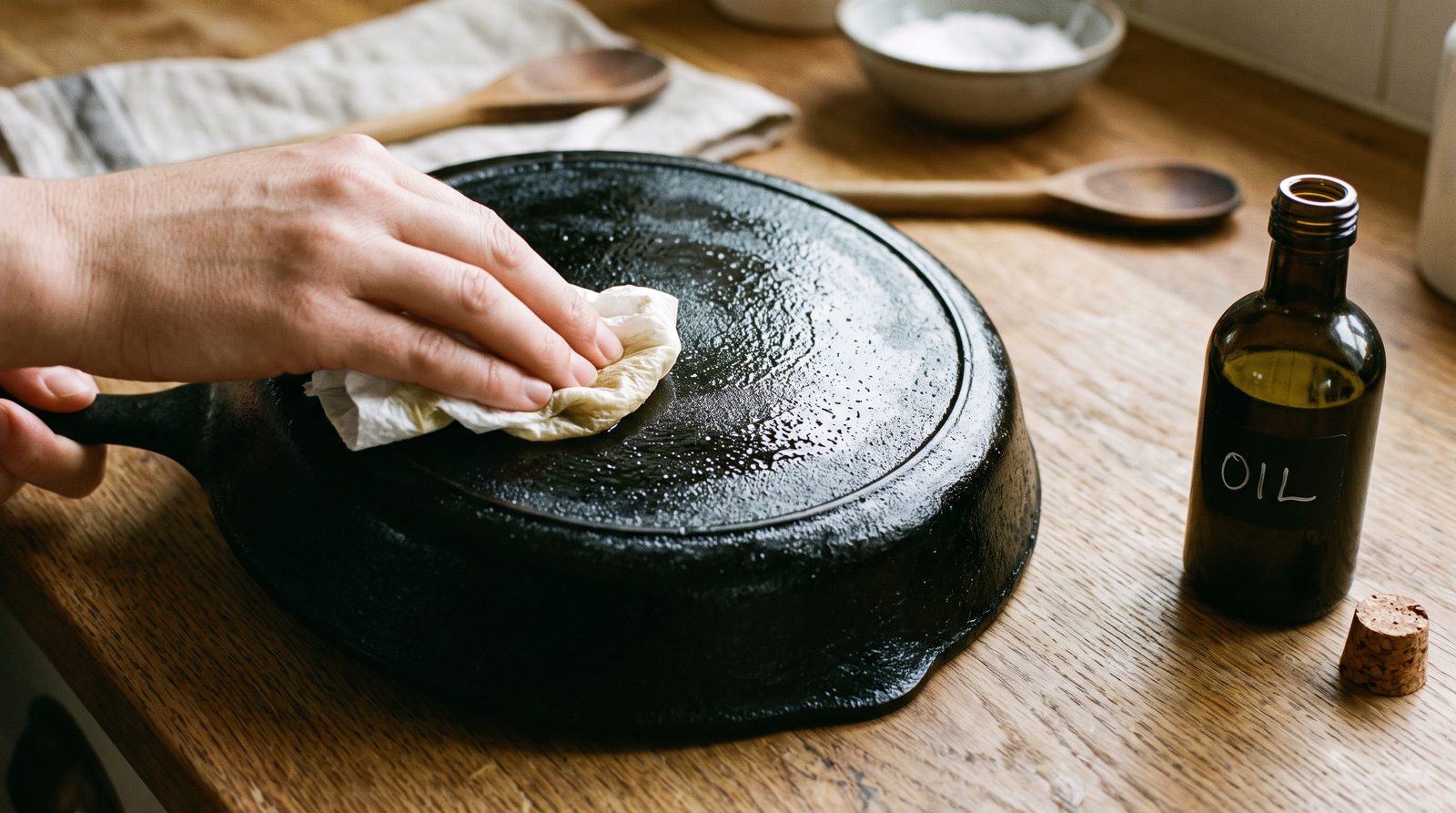 Wiping a thin layer of oil over a seasoned cast iron skillet