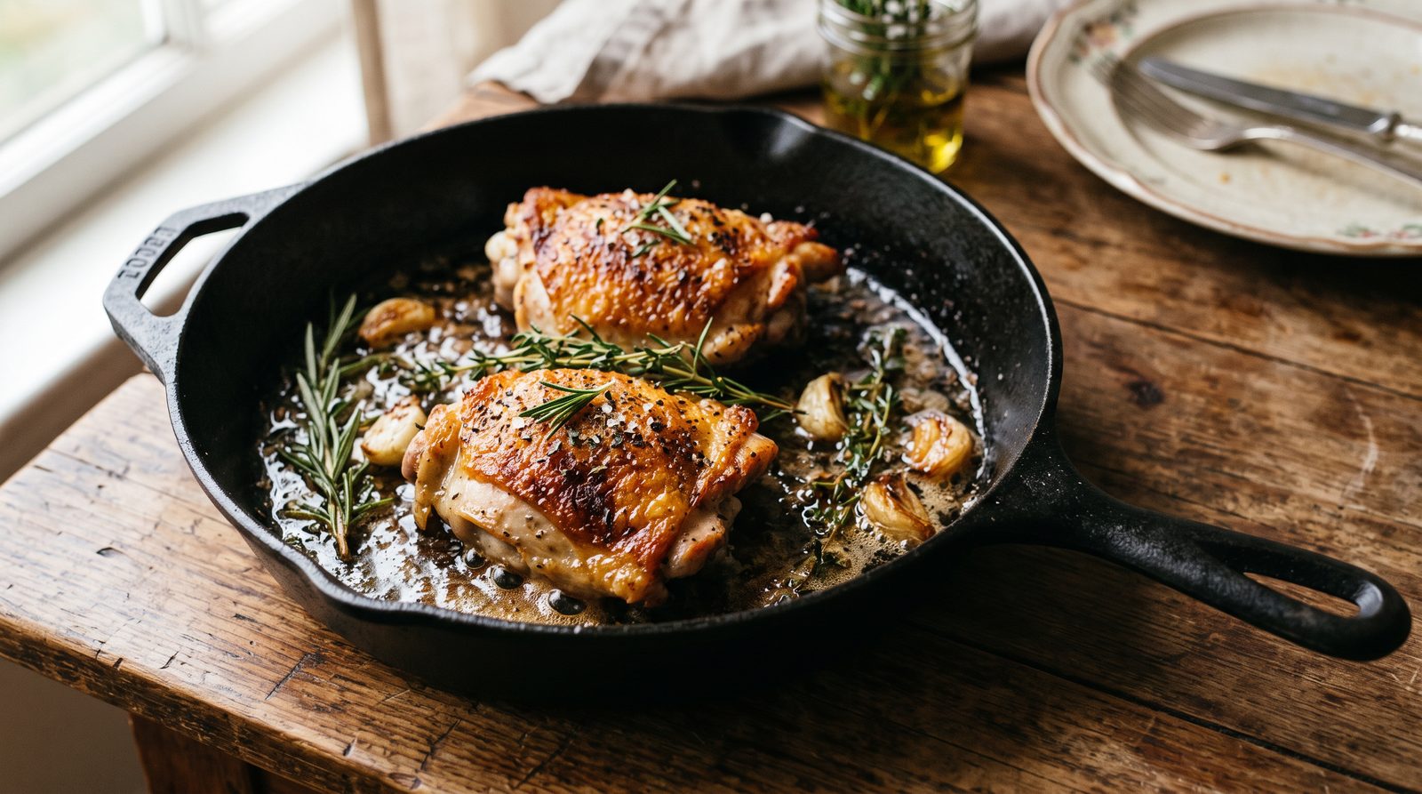 Two crispy golden chicken thighs in a cast iron skillet with rosemary and garlic