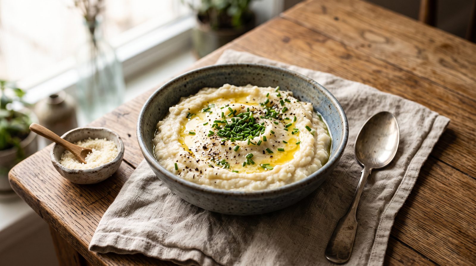 A bowl of creamy cauliflower mash with chives and butter
