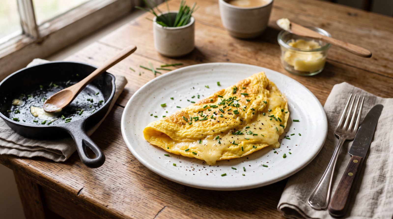 A soft folded cheese omelette on a plate with chives beside a small cast iron pan