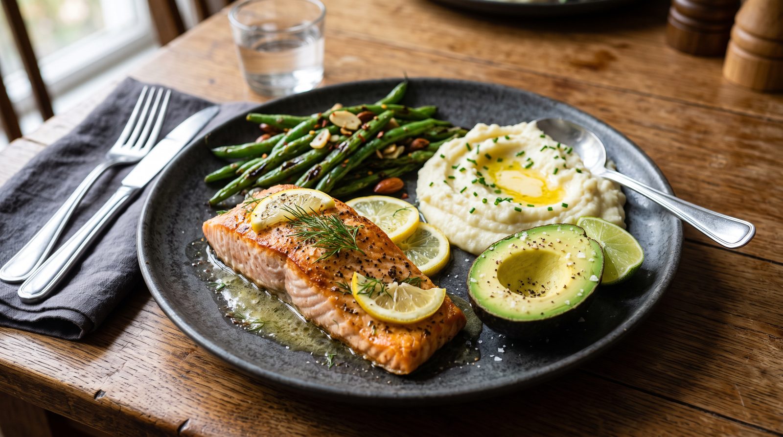A low-carb dinner plate of salmon, green beans, cauliflower mash and avocado