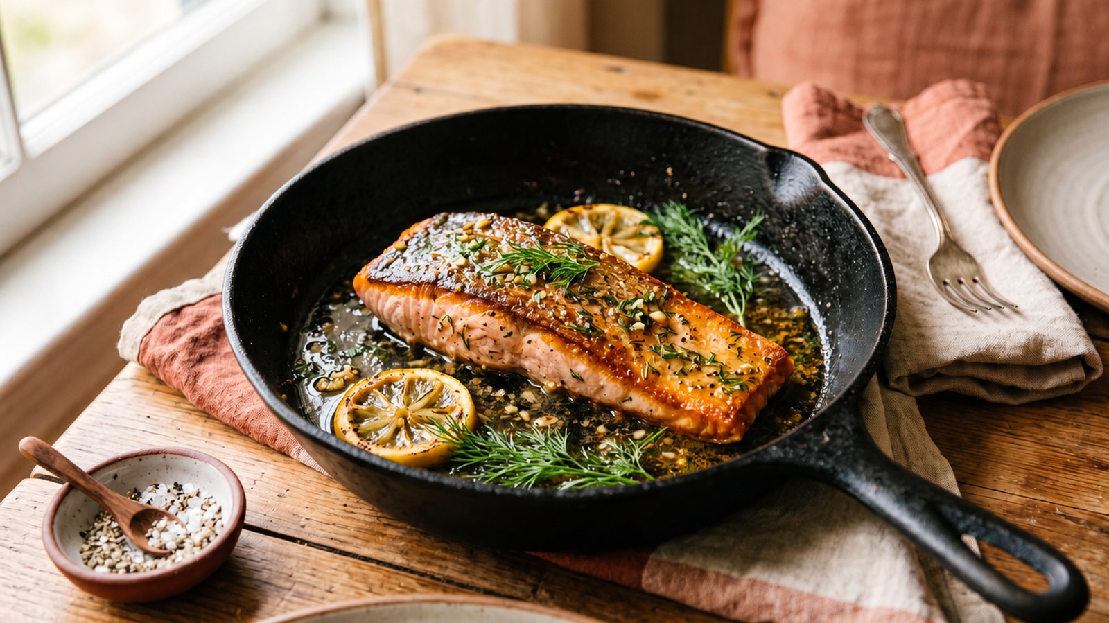 Seared salmon with crisp skin in a cast iron pan with lemon slices and dill