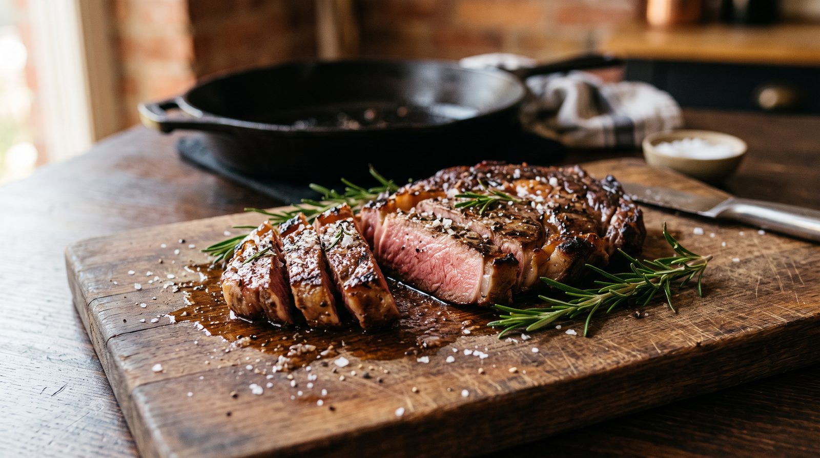 A sliced medium-rare steak resting on a wooden board with rosemary