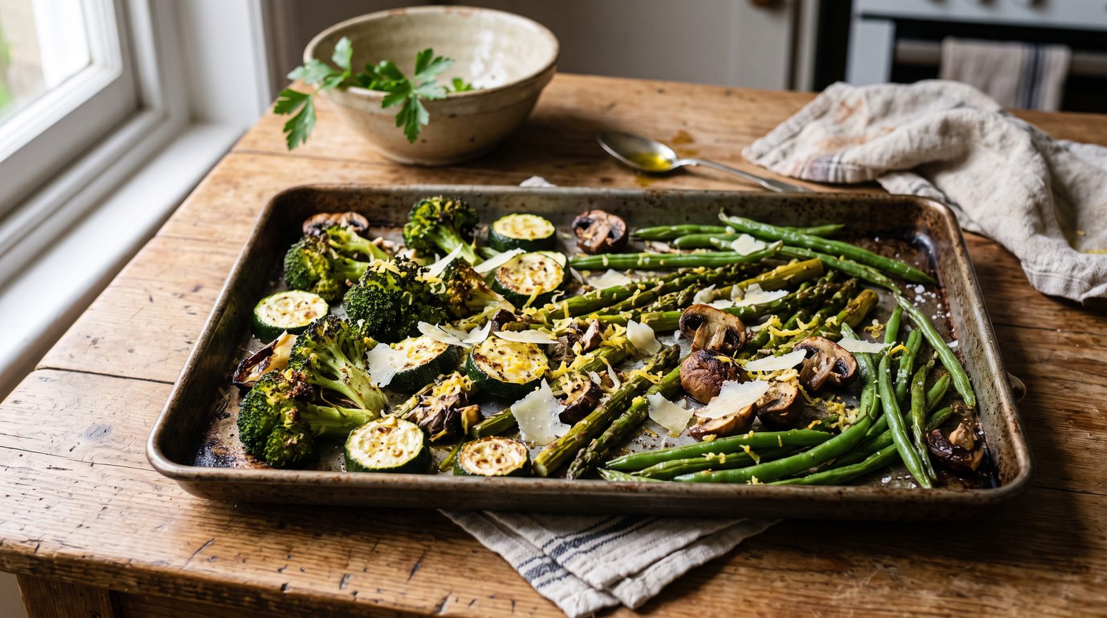 A tray of roasted broccoli, courgette, asparagus and green beans with parmesan
