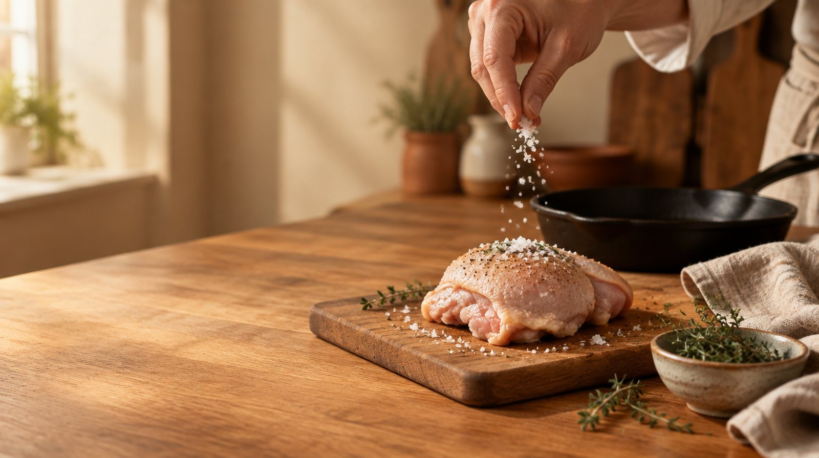 A chef hand sprinkling flaky salt over a raw chicken thigh on a wooden board beside a cast iron pan and thyme