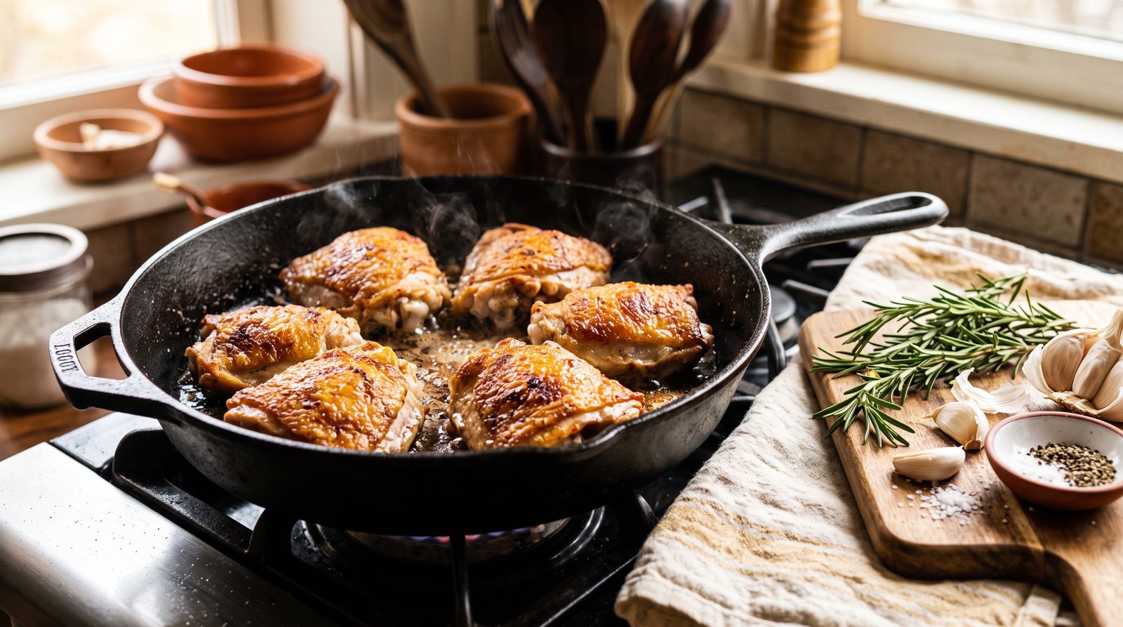 Chicken thighs with golden skin searing in a cast iron pan, with rosemary and garlic