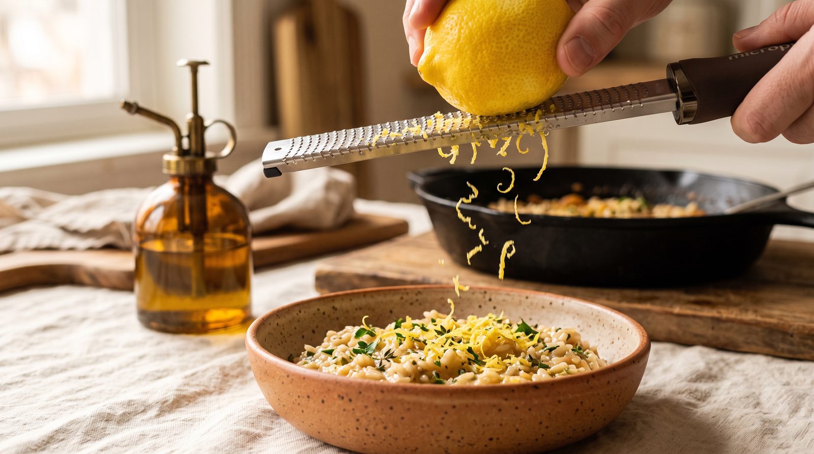 A hand grating lemon zest over a bowl, with an oil spray bottle and a cast iron pan